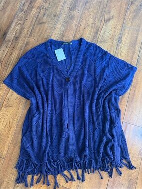 Final Touch Navy Blue Knit Fringe V-Neck Cardigan